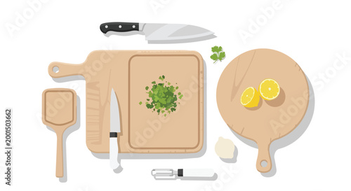 Top View Kitchen Preparation Vector with Wooden Cutting Boards, Knives, Chopped Herbs, and Sliced Lemon