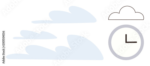 Productivity, time planning, schedule management, workflow optimization, efficiency, and organization. Minimalist design showing clouds and a clock. Productivity and time planning concept
