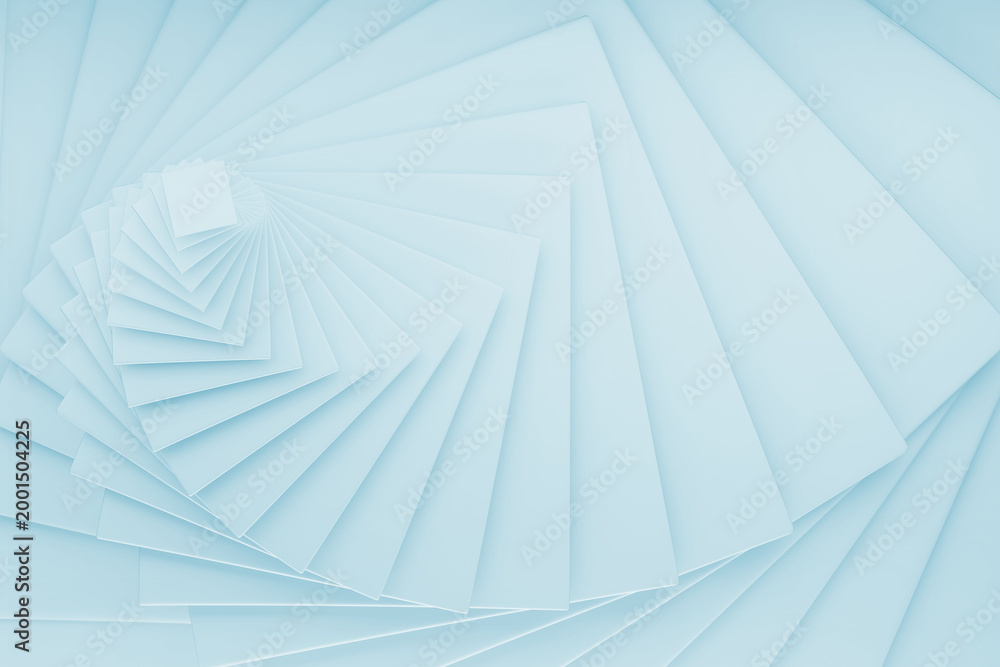 Fototapeta premium Light blue spiral abstract geometric background, pattern. Ethereal vortex staircase effect in pure tones, blending soft curves, luminous depth. Great for digital art backdrops, futuristic UI.