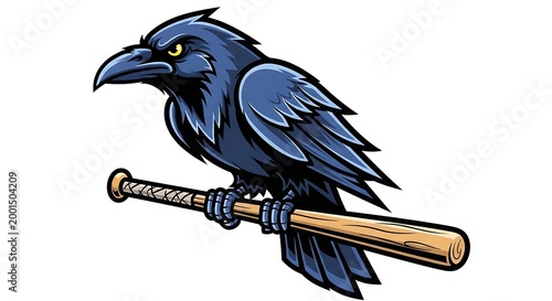 Powerful Raven Mascot Perched on Baseball Bat, Dynamic Sport Emblem Illustration