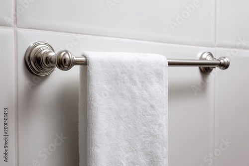 A clean, white towel hangs on a polished metal bar attached to tiled wall