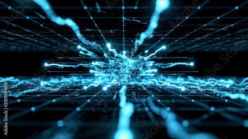 Abstract Blue Digital Grid Network with Glowing Data Particles and Connection Lines in Dark Space