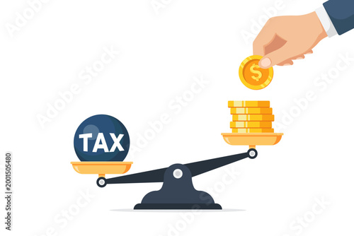 vector illustration of Hand adds coins to balance, symbolizing financial burden. Tax label sits heavy, implying economic pressure. Stack rises, showing potential growth or relief