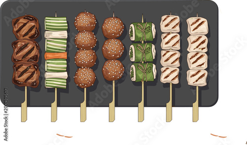 Japanese Yakitori and Kushiyaki Illustration Set Featuring Grilled Beef, Scallion, Meatballs, and Vegetable Skewers on a Stone Plate for Asian Restaurant Menus and Street Food GraphicsJapanese Yakitor