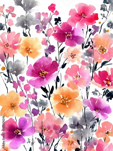 Colorful watercolor floral pattern with pink orange and purple flowers on white background, hand painted illustration for greeting cards, fabric and wedding design.