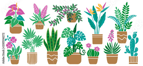 Houseplant in pot, set with colorful silhouette styles, modern tropical indoor plant, stylized vector illustration isolated on white background