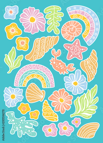 Hand drawn wall decor poster with shells corals flowers and stars, playful ocean themed boho background with soft pink, blue, green and yellow stylized sea elements