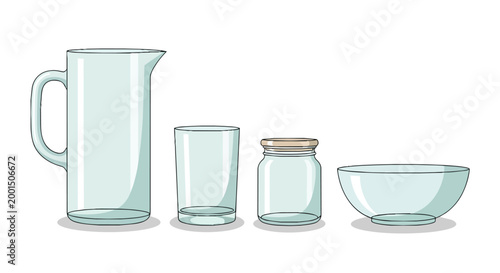 Set of Clear Glass Kitchenware Illustration Including Pitcher Tumbler Jar and Bowl
