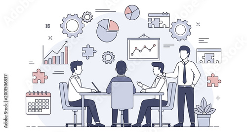 Business meeting with charts and gears in a modern office setting