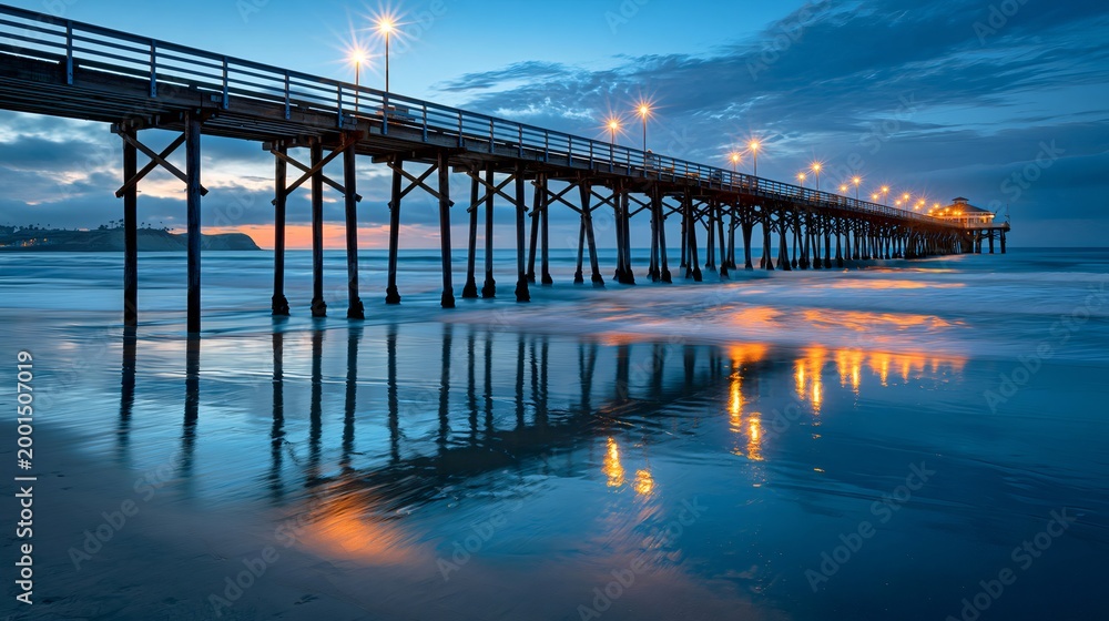 Fototapeta premium San clemente pier reflecting colorful lights at twilight