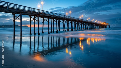 San clemente pier reflecting colorful lights at twilight