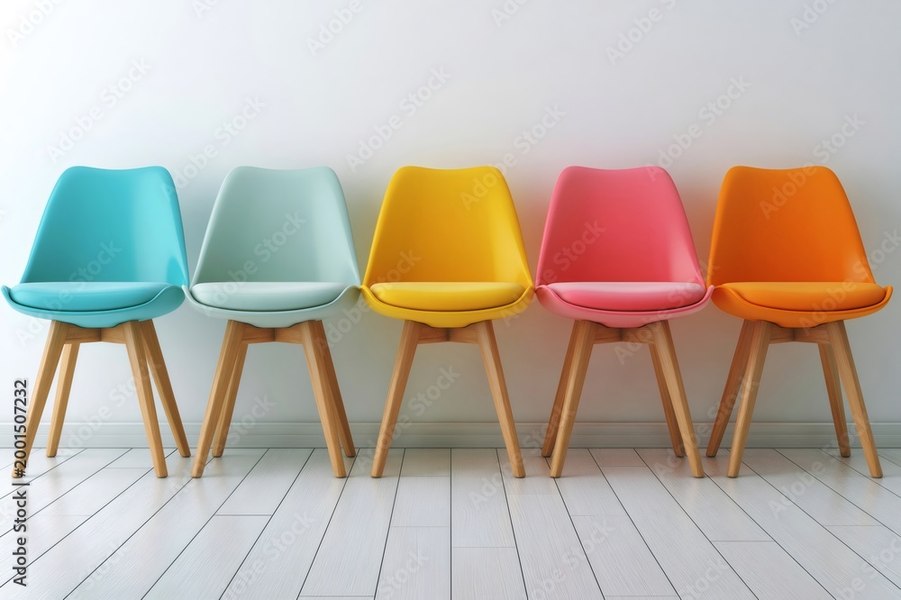 Obraz premium Colorful modern dining chairs lined against white wall