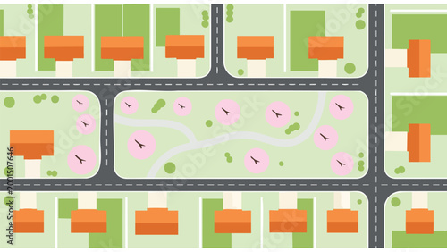 Aerial View Suburban Neighborhood Map with Houses, Roads, Park, Real Estate Planning