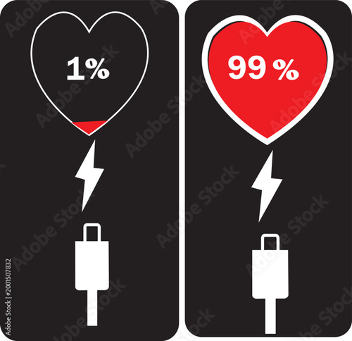 Heart battery charging concept showing one percent and ninety nine percent energy levels with lightning bolt and usb cable