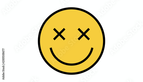 Yellow smiley face with X eyes and smiling mouth.