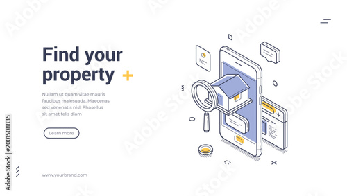 Find your property isometric web banner. Real estate online search service via mobile app. Modern landing page template vector illustration for agency or realtor website promotion