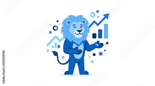 Happy Lion Mascot Presenting Upward Trend Graph and Financial Growth Charts