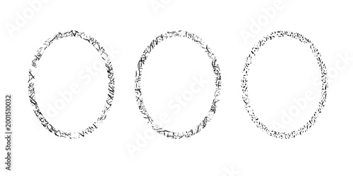 Oval doodle frames ink textured stamp with cracks scratches, hand-drawn chaotic messy blobs and spatters monograms. Edgings and cadres noise effect design photo elements. Isolated. Vector