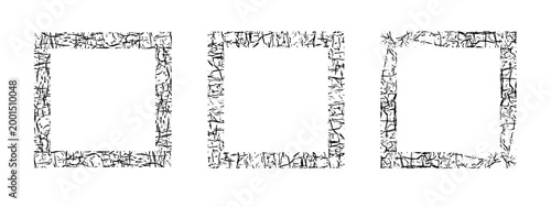 Square doodle frames ink textured stamp with cracks scratches, hand-drawn chaotic messy blobs and spatters monograms. Edgings and cadres noise effect design photo elements. Isolated. Vector