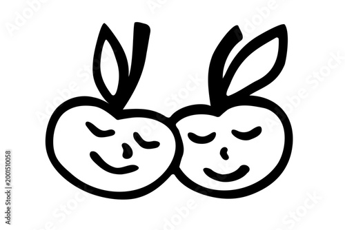 Two smiling cherry simple hand drawn outline , love feeling concept continuous contour drawing, hand-drawn Valentine's day decoration. Romance, engagement and marriage symbol.  Isolated. Vector