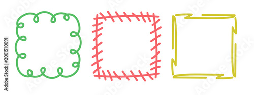 Square doodle frame stamp, hand-drawn wavy curly engagement monograms. Edgings and cadres with simple sketchy scribble swirl design photo decoration old-fashioned greeting elements. Isolated. Vector