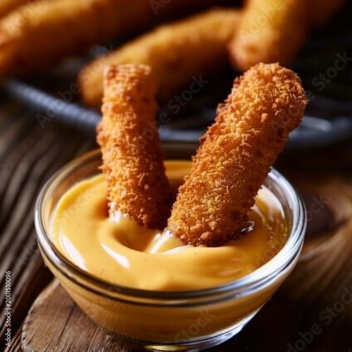 Two golden crispy fried mozzarella cheese sticks dipped into a small glass bowl of creamy orange dipping sauce on a rustic dark wooden table texture background