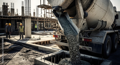 Active scene of a concrete mixer truck pouring fresh cement into a foundation on a bustling urban construction site, showcasing robust infrastructure development and building progress