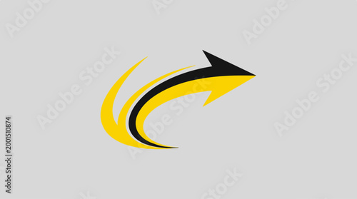 Abstract dynamic arrow symbol with yellow and black swoosh motion.