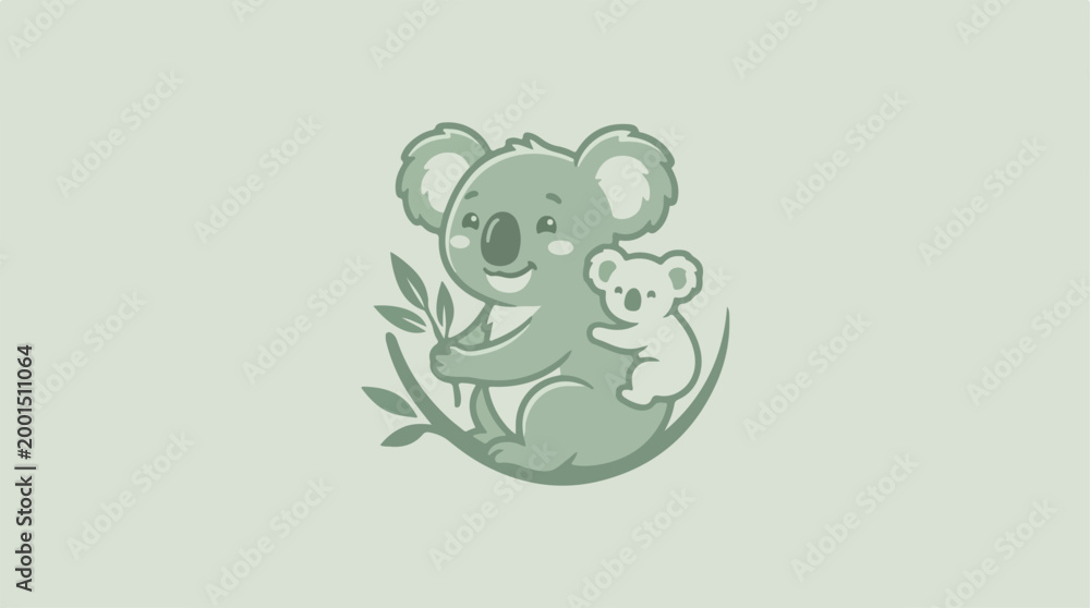 Fototapeta premium Cute Cartoon Koala Mother Holding Her Baby on a Branch.