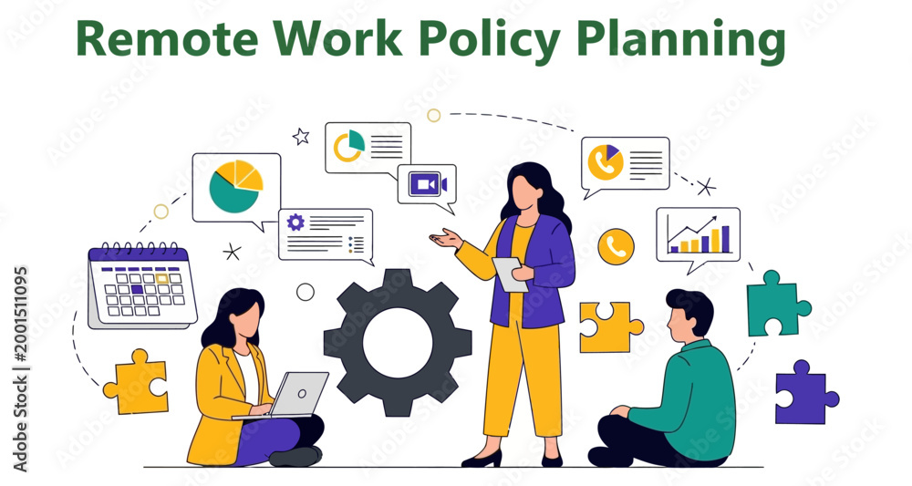 Naklejka premium Team planning remote work policy with charts and gears