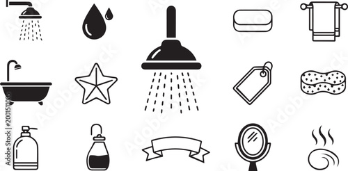 Bathroom and Hygiene Vector Icon Set with Shower Head, Bathtub, Soap and Towel Symbols