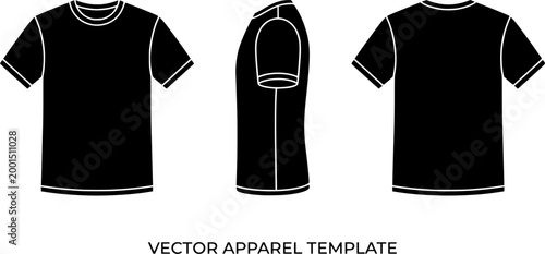 Black T-Shirt Mockup Vector Template - Front, Back and Side Views - Blank Apparel Illustration