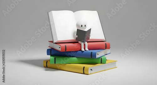 A whimsical character reading a book while sitting atop colorful stacked books in a minimalistic setting