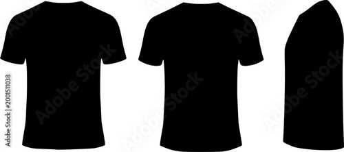 Black T-Shirt Mockup Vector Template - Front, Back and Side Views - Blank Apparel Illustration
