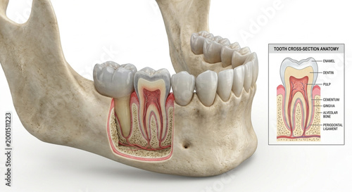 A detailed medical illustration featuring a 3D anatomical model of the human mandible (lower jaw) with a transparent cross-section of a molar. It highlights the internal tooth structures including 