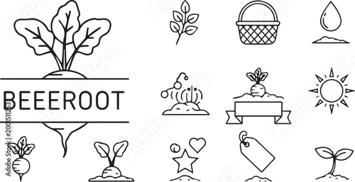 Beetroot Gardening Organic Farming Outline Icons Set Isolated on White Background