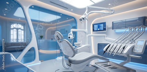 A high-end, futuristic dental clinic interior featuring a sleek, minimalist design with a blue and white aesthetic. The image showcases a state-of-the-art ergonomic dental chair, advanced digital imag