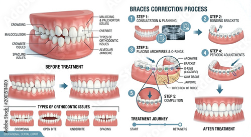 This detailed infographic explains the Braces Correction Process and common orthodontic issues. It outlines a five-step treatment journey: consultation, bonding brackets, placing archwires, periodic 