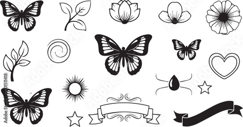 Butterfly Floral Decorative Outline Elements Set Isolated on White Background