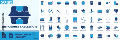 Disposable Tableware Solid Color Editable Icons set