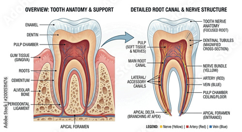This medical infographic provides a comprehensive look at tooth anatomy and the complex root canal system. The left side offers an overview of supporting structures like the alveolar bone and periodon