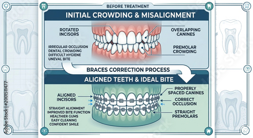 This educational infographic illustrates the orthodontic transformation from initial crowding and misalignment to aligned teeth with an ideal bite. The top section details common issues like rotated 