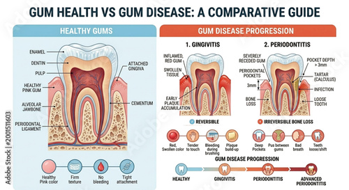 This comparative medical guide illustrates the stages of Gum Health vs. Gum Disease. It displays the anatomy of a healthy tooth with pink, firm gums versus the progression of disease through Gingiviti