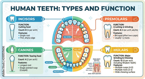 These educational infographics provide a detailed guide to Human Teeth: Types and Functions. They categorize teeth into four main groups: Incisors for cutting, Canines for tearing, Premolars for crush