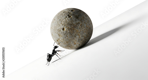 Ant pushing a textured moon across a white surface, symbolizing determination and effort