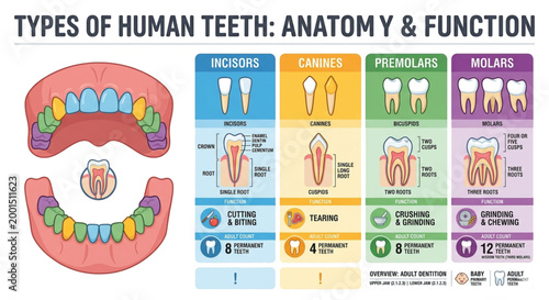 This educational infographic illustrates the types of human teeth: Incisors, Canines, Premolars, and Molars. It details their unique anatomy (roots and crowns), specific functions like cutting or grin