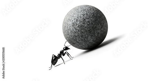 Ant pushing a large stone ball on a white background, symbolizing strength and perseverance