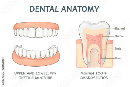 This educational diagram focuses on Dental Anatomy, featuring two primary illustrations. The left side shows the Upper and Lower jaw structure, displaying a full set of aligned teeth. The right side 