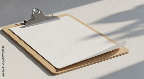 Blank clipboard with a sheet of paper resting on a wooden surface, soft shadows in background