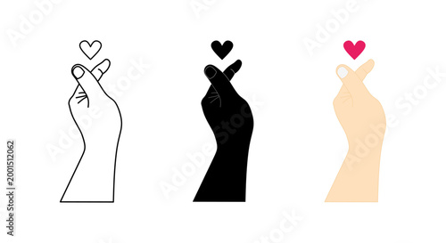 Minimalist finger heart hand gesture vector set in outline, solid and skin tone styles. Korean love sign symbol isolated, perfect for icons, stickers, UI design and Valentine themes.